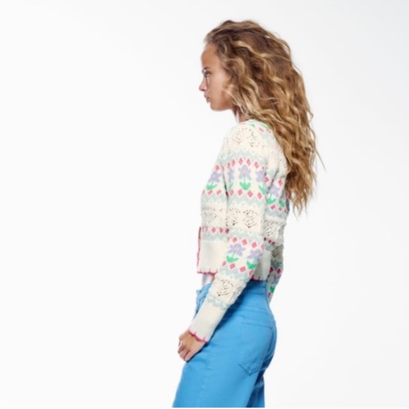 Zara Floral Jacquard Crochet Embroidered Cardigan bohemian 70's vibe feminine - Picture 5 of 15